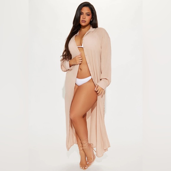 Fashion Nova Breezy Nights Linen Swim Cover Up Kimono - Taupe Small - Picture 3 of 6